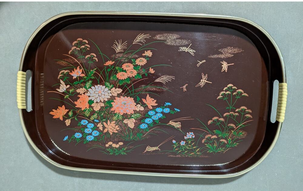 Vintage Toyo Japan Lacquer Serving Tray Brown Floral Dragonfly Mid Century MCM